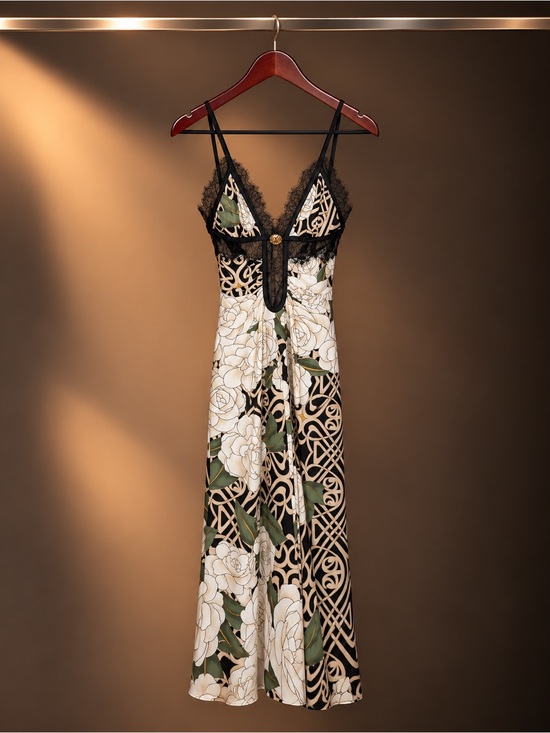Roberto Cavalli Dresses & Skirts - Roberto Cavalli Y2K Silk Rose Print Lace Slip Dress Art Nouveau IT 38 US 2